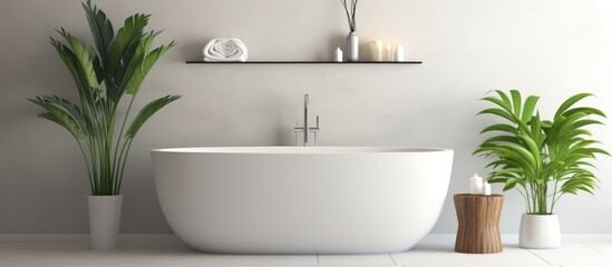 A modern white bath tub is placed next to two luscious green potted plants in a stylish bathroom interior design setting.