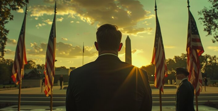 Solemn military tribute at sunset with flags