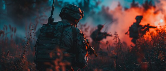 Soldier in action at twilight with dramatic sky - obrazy, fototapety, plakaty