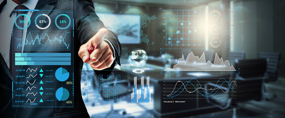 Investor analysing stock/forex market report and financial dashboard with business intelligence , with key performance indicators.businessman hand working with finances