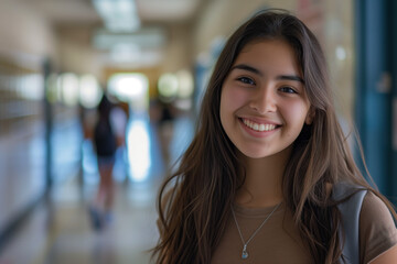 Naklejka premium A young Hispanic female teen student with a joyful smile, standing in a high school hallway, wearing a brown top and a necklace, with long wavy hair.