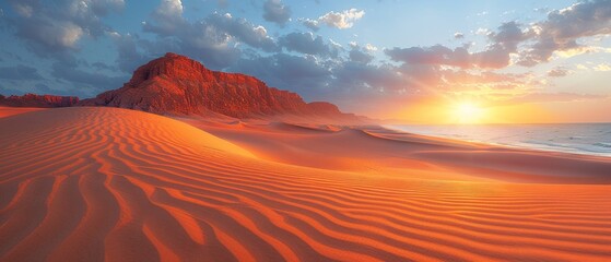 Desert landscape with red rock formation at sunrise