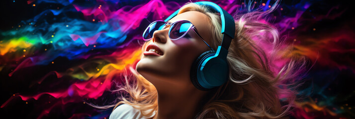 a woman wearing headphones and sunglasses - Powered by Adobe