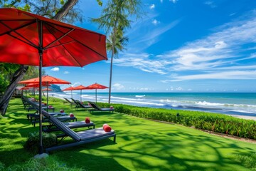 Lush green lawn with red umbrellas and sunbeds on the beach in front of the hotel Generative AI