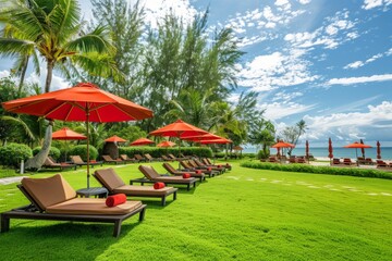 red umbrellas and sunbeds at luxury hotel resort Generative AI