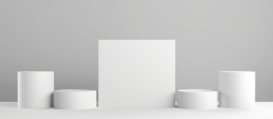 A collection of white geometric cylinder-shaped objects is neatly arranged on top of a table in a white studio room. The minimalist setup creates a mockup for a podium display or showcase.