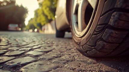 Close-up of car tire on cobblestone street at sunset
