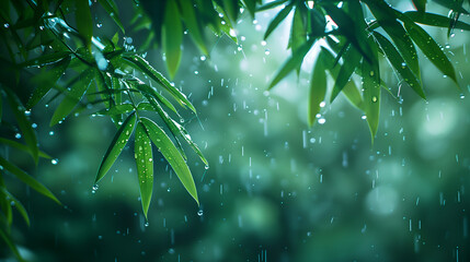 water drops on a green bamboo leaf in the bamboo forest, rain in the forest