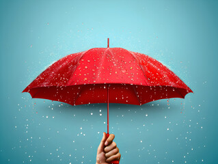 red umbrella in the rain on blue background