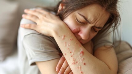Young woman suffering from chickenpox at home