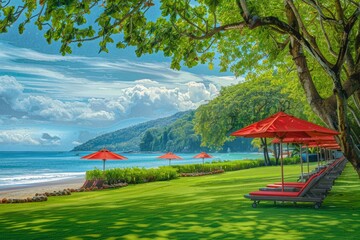 Lush green lawn with red umbrellas and sunbeds on the beach, overlooking sea view Generative AI