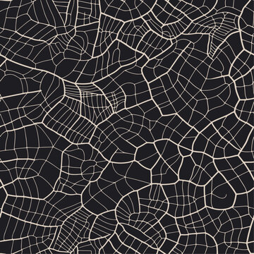 Organic seamless Voronoi pattern. Abstract black & white vector illustration. Close up leaf texture pattern, with veins and cells. Minimal design with biological shapes. 