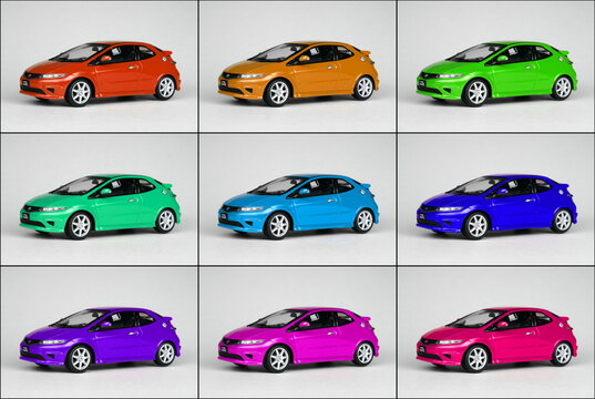 Andy Warhol style collage of 9 (3x3) variocolored toy cars Honda Civic Type R FN2 - auto is a modern art. Serbia, Subotica, 08.03.2024