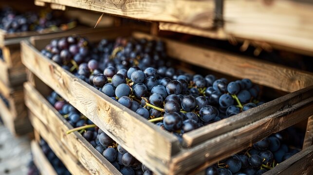 The Rustic Charm of Black Grapes Packed in Traditional Wooden Crates