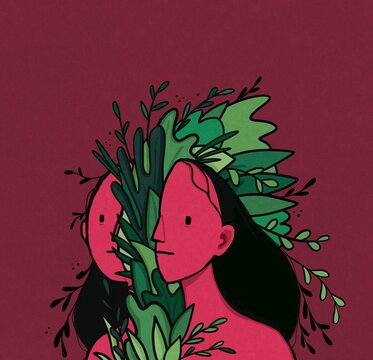 Surreal portrait of a woman with plants growing out her body