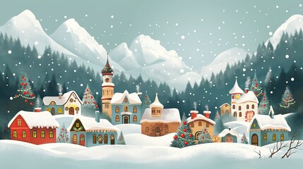 Vintage Style Christmas Village with Snow: Winter Landscape