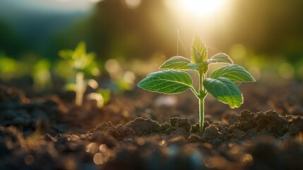 close up of a young plant bathed in morning light embracing the energy of new beginnings cultivating agriculture and eco living  - obrazy, fototapety, plakaty