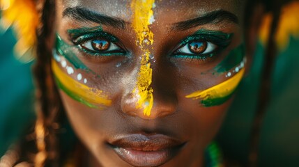 photo of a black woman portrait close up, she is a model, her face is painted with a Jamaican flag, beautiful