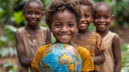 The image shows four joyful African children standing close to one another. The child in the foreground is holding a globe with a focus on the continent of Africa - obrazy, fototapety, plakaty