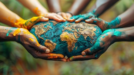 Multicultural hands holding painted Earth