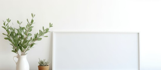 A white vase containing a natural eucalyptus plant sits next to a white picture frame on a horizontal frame against a white wall.