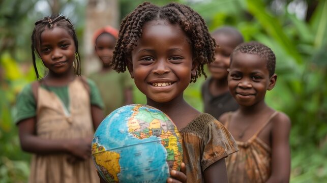 The image shows four joyful African children standing close to one another. The child in the foreground is holding a globe with a focus on the continent of Africa