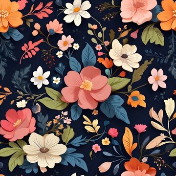 a floral pattern with flowers and leaves on a navy blanket, in the style of booru, cute and colorful