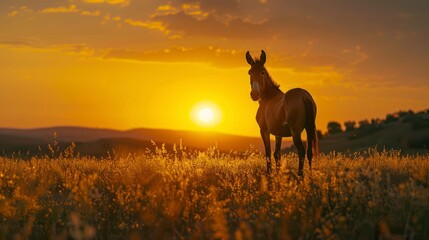Naklejka na ściany i meble Sunset Serenity - The Tranquil Silhouette of a Donkey Embraced by the Dying Light