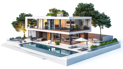 .3D rendering of a modern comfortable house with swimming pool, house, luxury, villa, modern, architecture, building, exterior, residential, property, designer