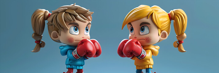 A 3D animated cartoon render of a smiling boy and girl posing in boxing stances. - obrazy, fototapety, plakaty