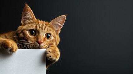 Cute ginger cat peeking over the edge, close up portrait photograph