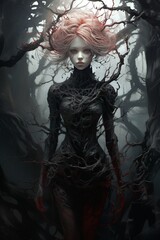 Pink hair woman in black dress in black scary forest