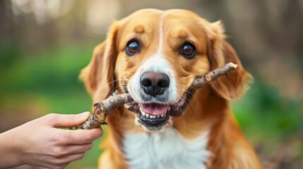 A Dog Carries His Beloved Stick, Steered by the Affectionate Hands of His Owner