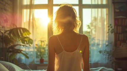 Beautiful woman is waking up in the morning. Happy young girl greets new day with warm sunlight flare