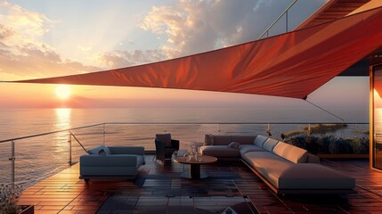 Unwinding on a Sofa Under a Shade Sail on a Terrace with Sea Views at Sunset