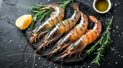 Raw Shrimps Paired with Fragrant Rosemary on a Dark Vintage Surface