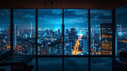 A Serene Nighttime Cityscape Seen from the Quiet of an Office Window