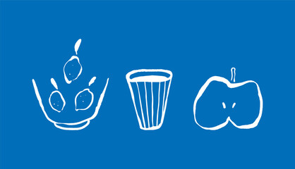 Set of vector food elements. Hand-drawn lemons, apple and cup. Minimalist spot illustration