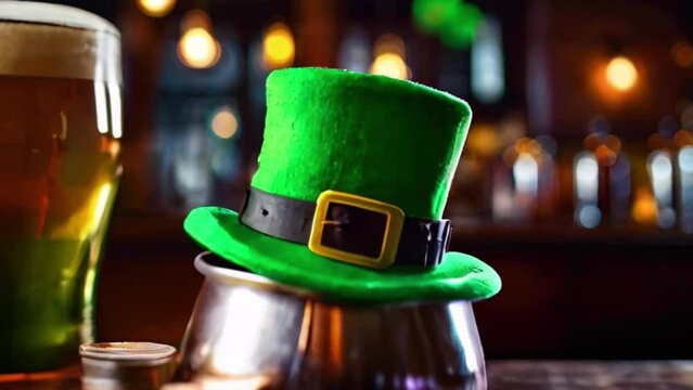 Saint Patrick's Day & Leprechaun's pot of gold coins on a wooden table in beer pub bar with background bokeh effect created with generative ai