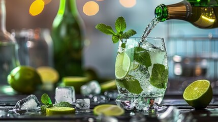 Crafting a Refreshing Hugo Cocktail with Bubbling Champagne and Zesty Limes - obrazy, fototapety, plakaty