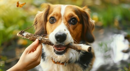 A Devoted Dog Proudly Carries a Stick in His Mouth, Guided by the Hands of His Owner