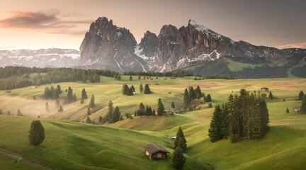 Fog in the meadows of the Alpe di Siusi at sunrise. Dolomites. (vt)