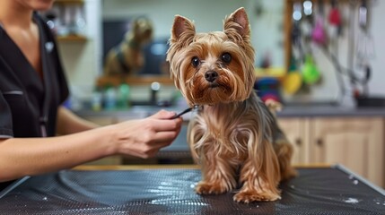 A Skilled Dog Groomer Styles a Cute Yorkshire Terrier with Expert Care