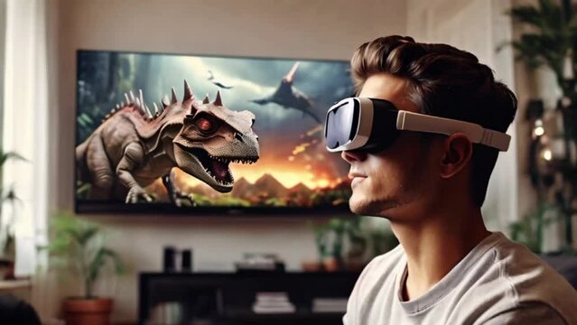 young man in white augmented virtual reality glasses watches a realistic 3D movie about dinosaurs in a cozy modern home interior. back view created with generative ai