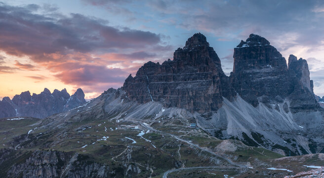 Tre Cime Di Lavaredo - majestic sunset. Dolomites. Italy (vt)