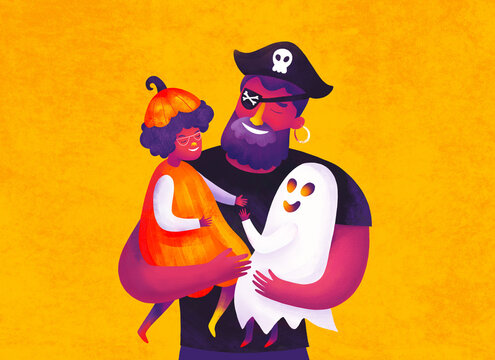 Concept of family Halloween celebration with dad