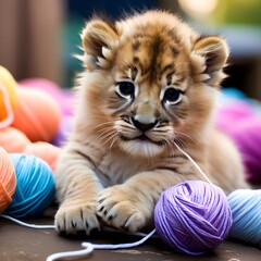 Lion cub with a ball. A baby lion cub pawing at a ball of yarn, playing with it as if it were a toy like humans play with balls or other objects. Generative AI.