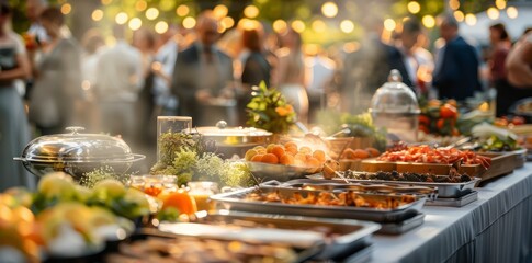 A Diverse Wedding Buffet Spread with Colorful Fruits, Vegetables, and Rich Meat Selections