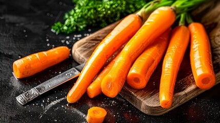 Fresh Carrots Artfully Placed on a Cutting Board, Enhanced by a Black Backdrop