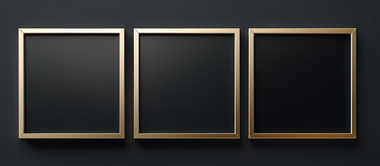 A black wall serves as a backdrop for three elegant gold frames, each hanging securely in place. The frames add a touch of sophistication and style to the room.